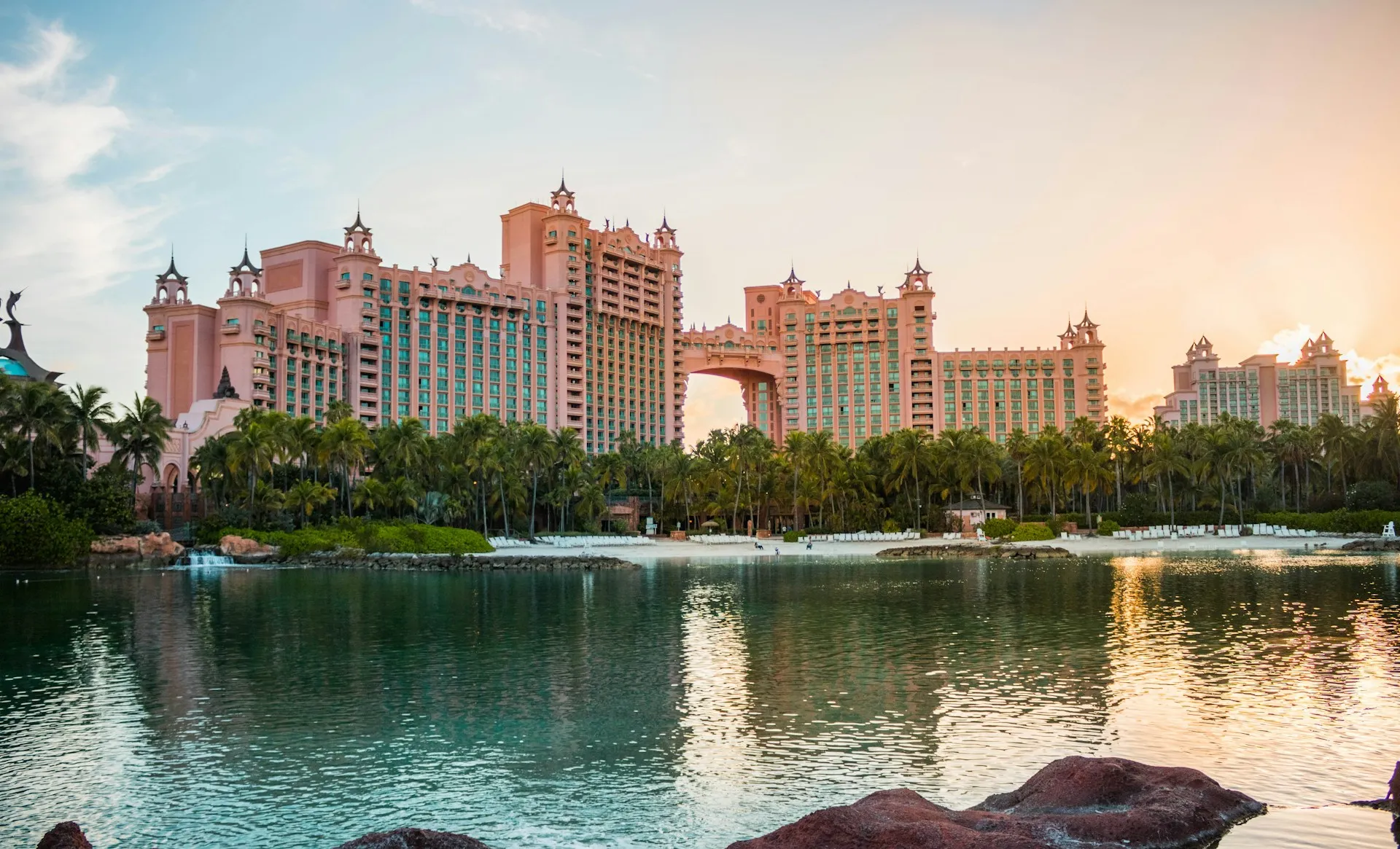 The pink towers of Atlantis on Paradise Island at sunset, Nassau